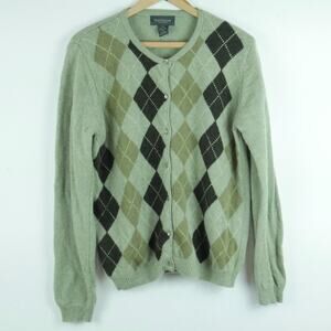 Vintage Large Cardigan 90s Wool Sage Green Argyle Preppy Academia Twee Quirky